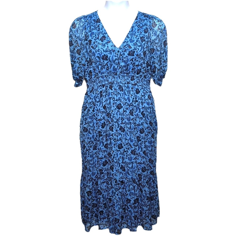 Old Navy Smocked Midi Dress Womens L Blue Floral Sheer Short Sleeve Boho Cottage